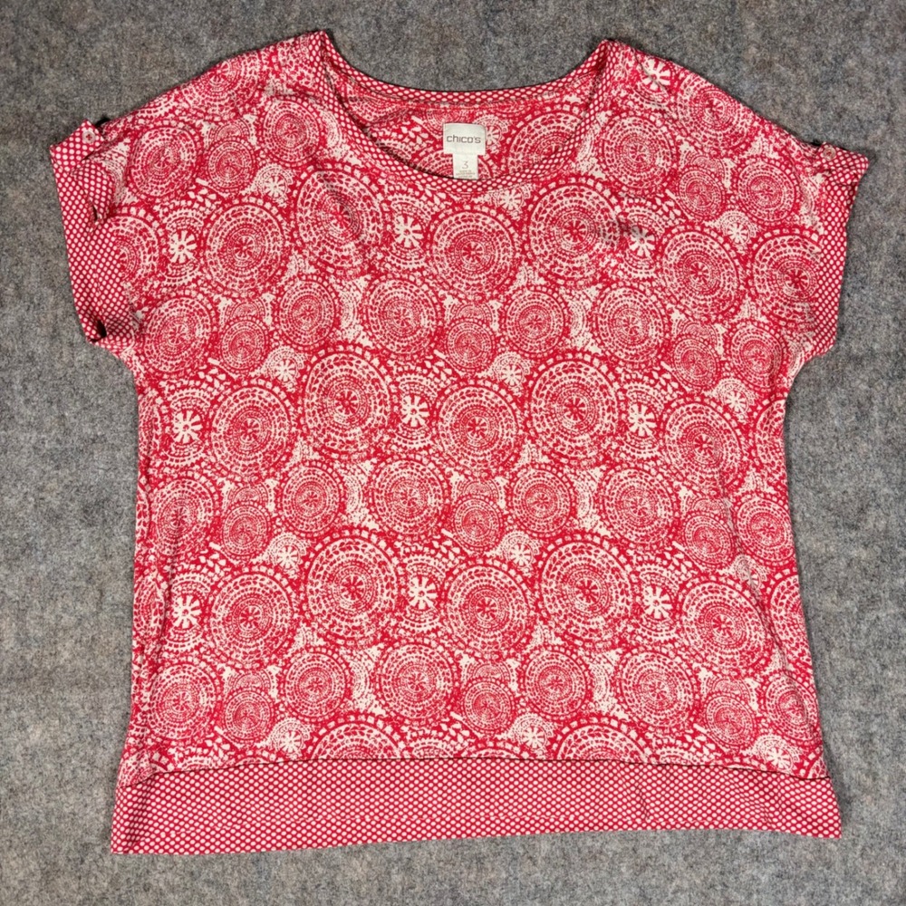 Chico's Top Womens 3 XL‎ Red White Medallion Polka Dot Short Sleeve Knit Blouse